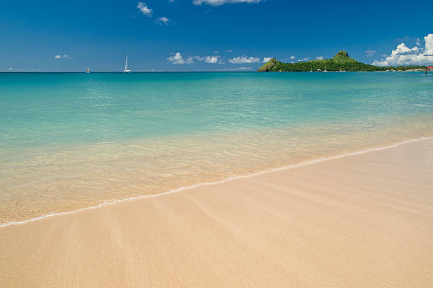 View while sailing the sea of the rolling island landscape with the rippling Caribbean waters on St. Croix in the US Virgin Islands