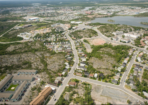 An aerial view in summer of the city of Yellowknife in Canada's Northwest Territories.  Click to view similar images.