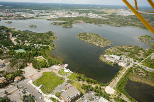 An aerial view in summer of the city of Yellowknife in Canada's Northwest Territories.    Click to view similar images.