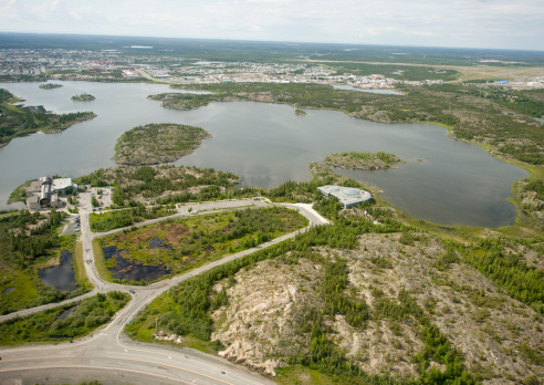An aerial view in summer of the city of Yellowknife in Canada's Northwest Territories.   Click to view similar images.