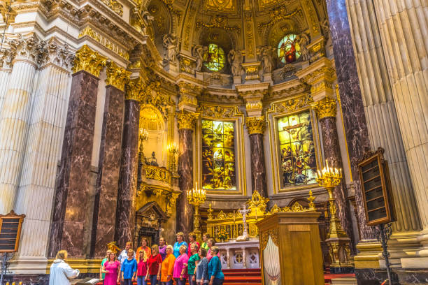 Colorful Choir Singers Singing Altar Stained Glass Berlin Cathedral Berliner Dom Berlin Germany. Cathedral largest Protestant Church in Germany. Built between 1894 to 1905 for Kaiser Wilhelm II, but church goes back to 1400s. Restored after war.