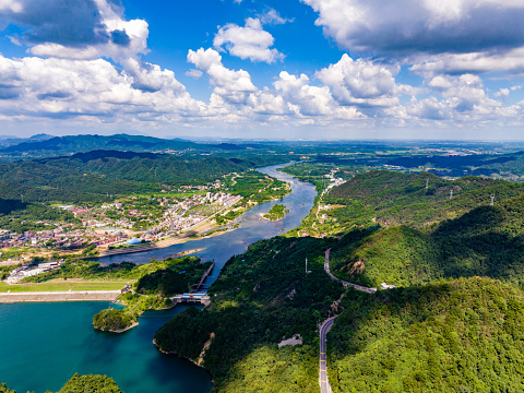Aerial photography of blue sky and white clouds, large lakes and dams