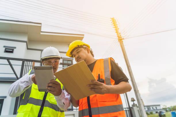 istock Home building engineers discuss plans with contractors via online system on a tablet select focus hand 1575392495