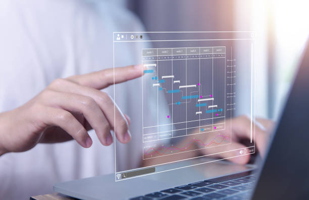 istock Manage business planning project schedules in the office. Display Gantt charts on virtual screens. 1575397841
