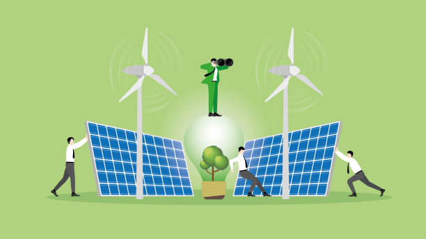 istock Green energy concept. Vision businessman uses binoculars on a tree light bulb, wind turbine generator power, and solar cells with team support. ESG, Renewable, Alternative, and Sustainable Environment 1575404135