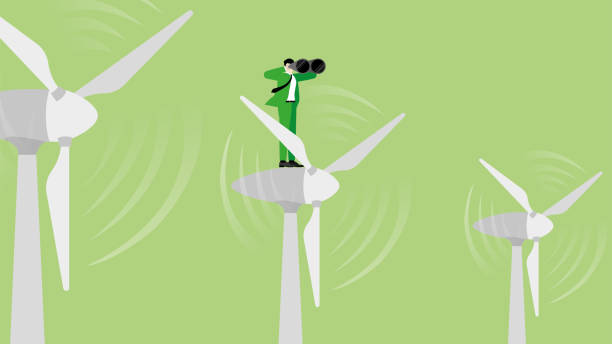 istock Green energy concept. Vision businessman uses binoculars on wind turbine generator power. ESG, Renewable, Alternative, Sustainable Environmental policy, Carbon footprint reduction, Net zero emission. 1575404720