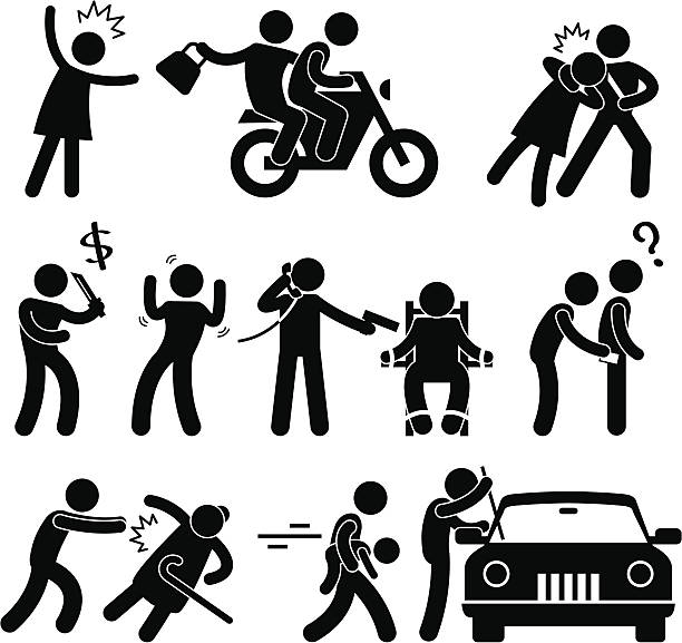 Crimes Pictogram A set of pictograms representing criminal, robber, burglar, kidnapper rapist, and thief. pickpocketing stock illustrations