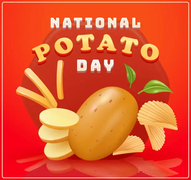 Vector illustration of National Potato Day. 3d vector illustration of creative concepts of raw potato slices, potato chips and potato sticks. suitable for food and event advertising