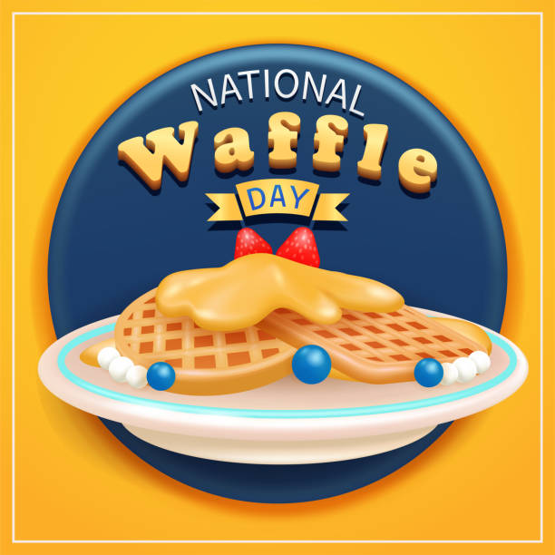 ilustrações, clipart, desenhos animados e ícones de dia nacional do waffle. vetor 3d de waffles em um prato coberto com mel, mirtilos e cruas. adequado para comemoração do dia nacional do waffle e publicidade de alimentos - waffle breakfast syrup plate
