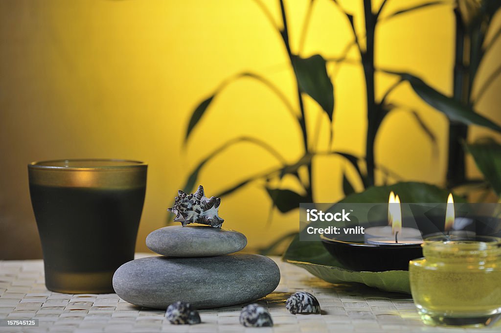 spa still life with bamboo spa still life with bamboo on glowing yellow background Animal Shell Stock Photo