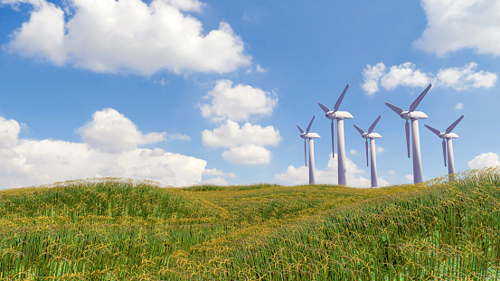 3D illustrator, Wind turbine  on green grass hill with blue sky