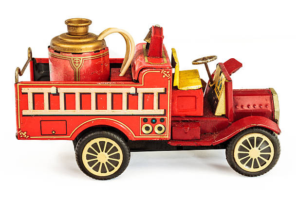 istock Vintage tin fire truck toy isolated on white 157545754