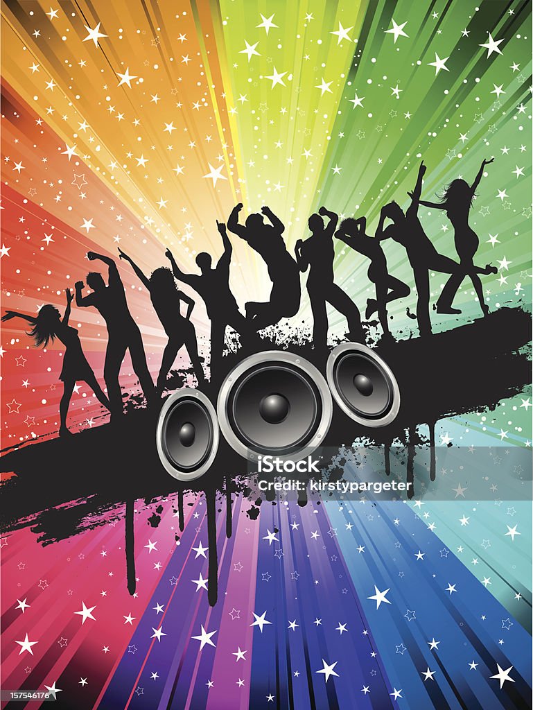 A colorful background with silhouettes of people partying Silhouettes of people dancing on colourful grunge background. Adult stock vector