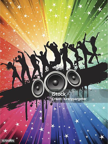 A Colorful Background With Silhouettes Of People Partying Stock Illustration - Download Image Now