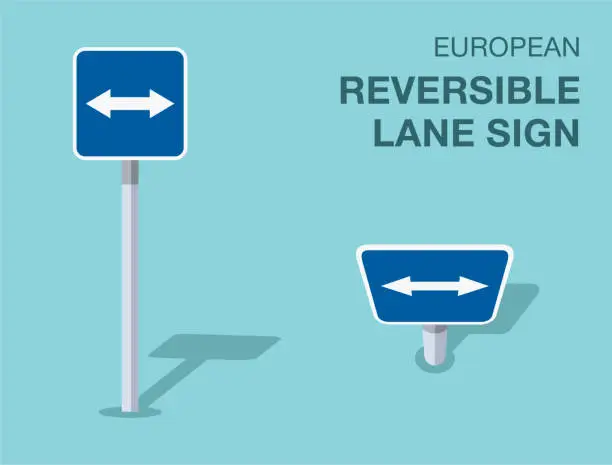 Vector illustration of Traffic regulation rules. Isolated european reversible lane sign. Front and top view. Vector illustration template.