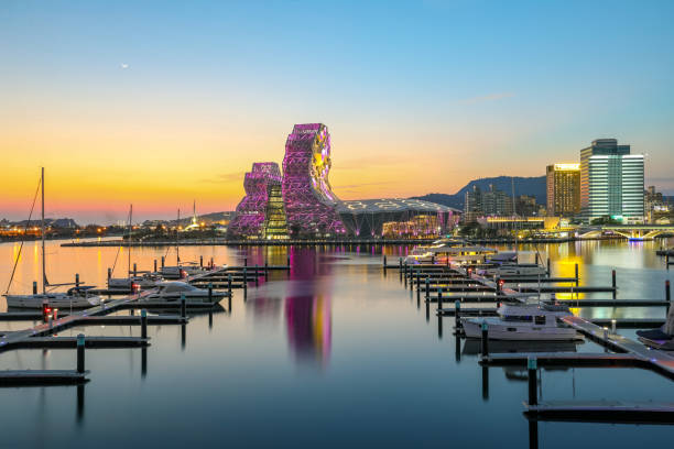 The nigjt view of Kaohsiung Harbor from City Marina stock photo