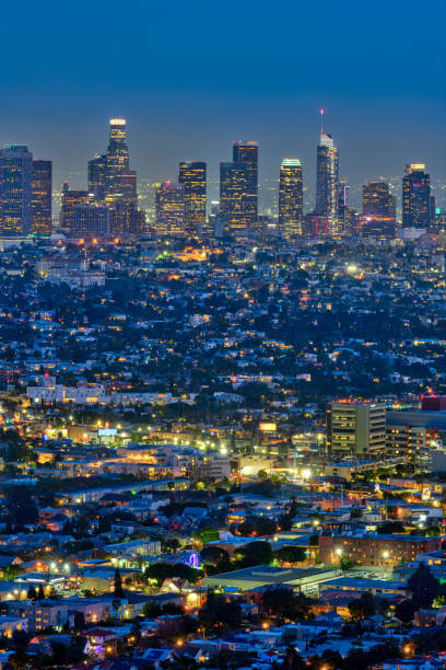 The skyline of Los Angeles at night stock photo