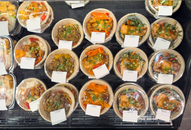 Looking down on bowls of healthy food in supermarket