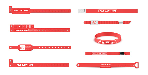 Event bracelets place for name date red band for control pass brand identification set realistic vector illustration. Rubber and paper stripe rope lock holder wristband for personal access admission