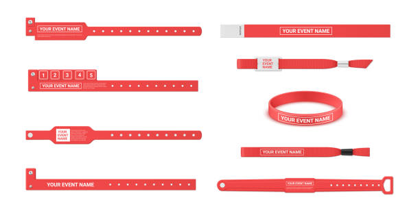 Event bracelets place for name date red band control pass brand identification set realistic vector vector art illustration