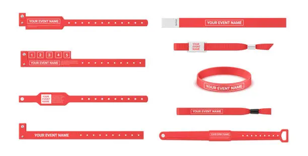 Vector illustration of Event bracelets place for name date red band control pass brand identification set realistic vector