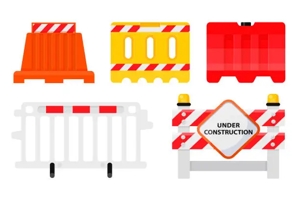 Vector illustration of Road barriers and signs traffic renovation protection rack industrial guard pointer set vector flat