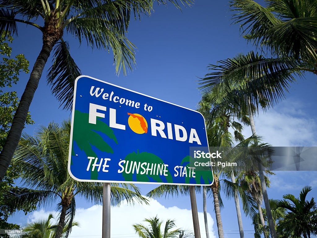 Welcome to Florida USA Low angle tropical plants with a welcome sign to hot weather Florida - US State Stock Photo