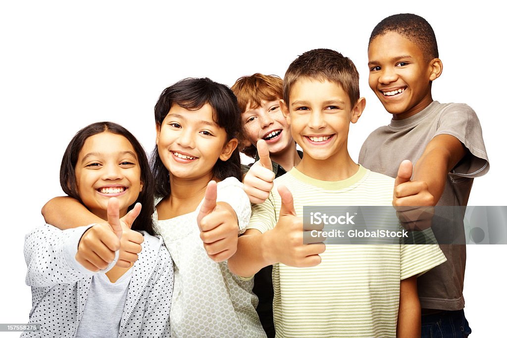 Glückliche Kinder mit Daumen hoch auf Weiß - Lizenzfrei 8-9 Jahre Stock-Foto