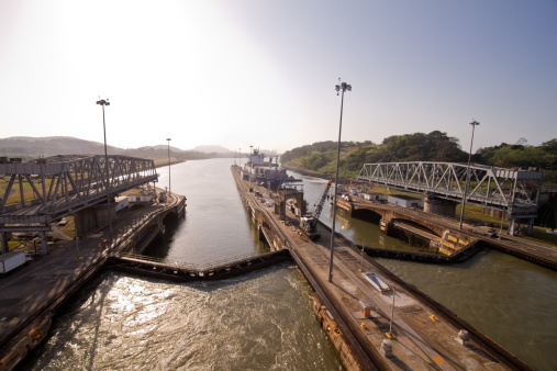 Gatun lock on the panama canal.  Locks are used in commercial canals to bring ships up and down in elevation.