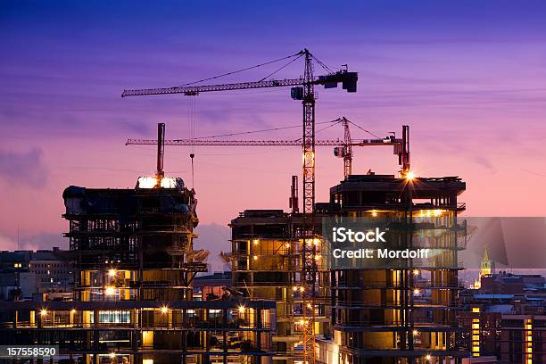 Sunset At The Construction Site Stock Photo - Download Image Now - Construction Site, Construction Industry, Building Exterior