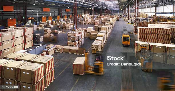 View From Above Inside A Busy Huge Industrial Warehouse Stock Photo - Download Image Now