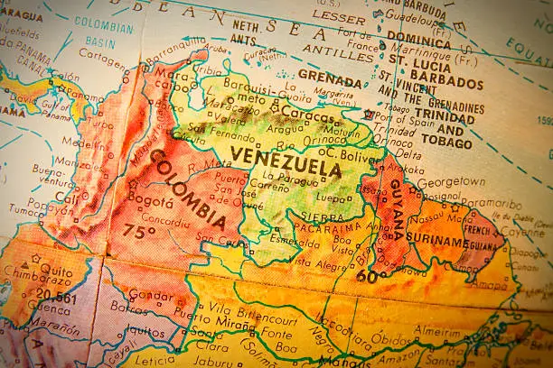 Studying geography - Photo of Venezuela, Columbia, and Guyana on retro globe.