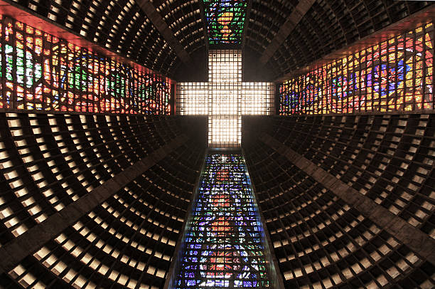 Metropolitan Cathedral of Saint Sebastian in Rio de Janeiro, Brazil, with tourists, locals and other people walking on the outside