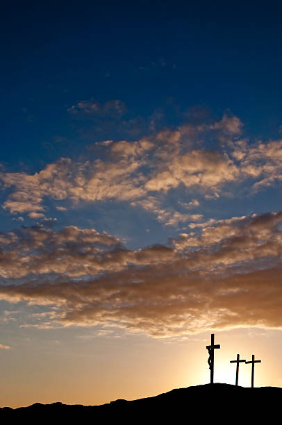 istock The Crucifixion with three crosses and Christ 157559303