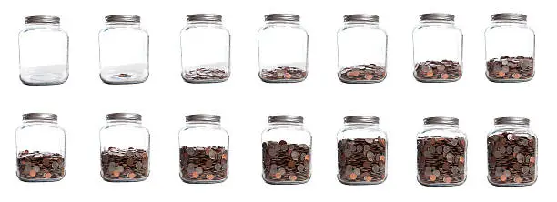 14 photographs of the same jar at different stages of full; sequence from empty to full of US coins