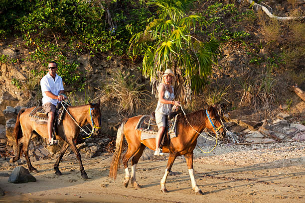 istock Couple riding horseback on tropical beach 157559525