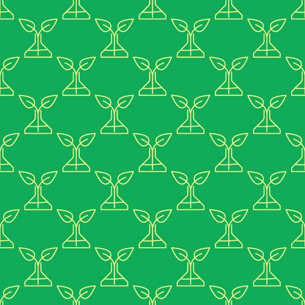 ilustrações de stock, clip art, desenhos animados e ícones de flask with plant vector chemistry concept green outline seamless pattern - textile scientific experiment laboratory textile industry