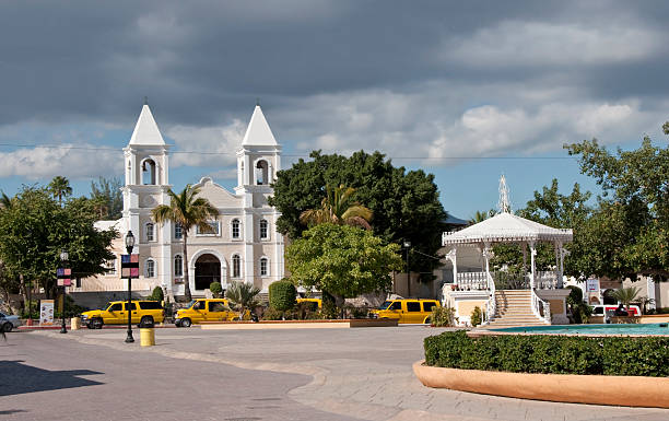 From street level, the gazebo and church in the Central Plaza  (zocalo)  in San Jose del Cabo.