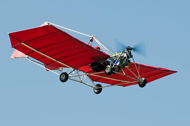 istock red ultralight aircraft Snedden M7 flying in clear lue sky 157560044