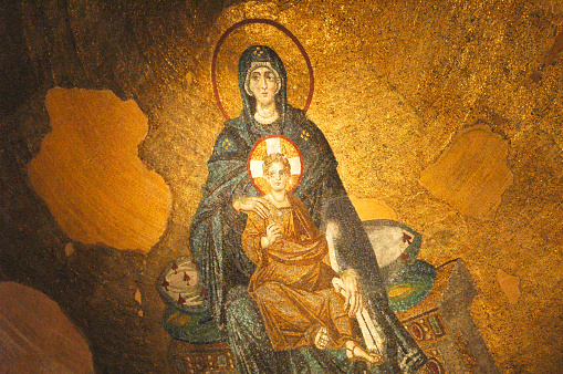Mosaic of Virgin Mary and Infant Jesus Christ found in the old church of Hagia Sophia in Istanbul, Turkey. Constructed during Byzantine era.