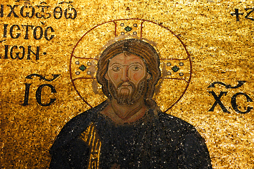 Mosaic of Jesus Christ found in the old church of Hagia Sophia in Istanbul, Turkey.  Constructed during Byzantine era.