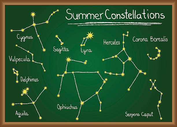 Summer Constellations on chalkboard Summer Constellations of northern sky drawn on school chalkboard constellation delphinus stock illustrations