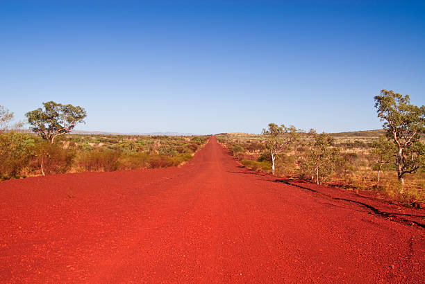 A shot of the outback track in the daytime A long straight track (road) in Karijini National Park, Western Australia. Australians also call it dirt road. outback stock pictures, royalty-free photos & images