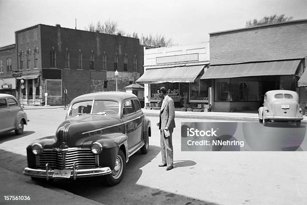 Main Street Of Small Town Usa With Cars 1941 Retro Stock Photo - Download Image Now