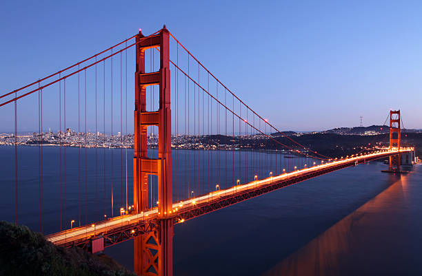 Golden Gate Bridge and San Francisco Skyline at Dusk stock photo