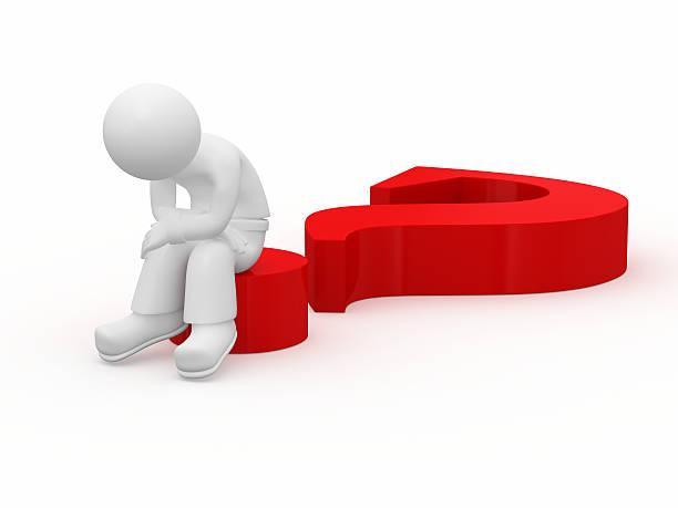 Sad 3d guy sitting on big red question mark. stock photo