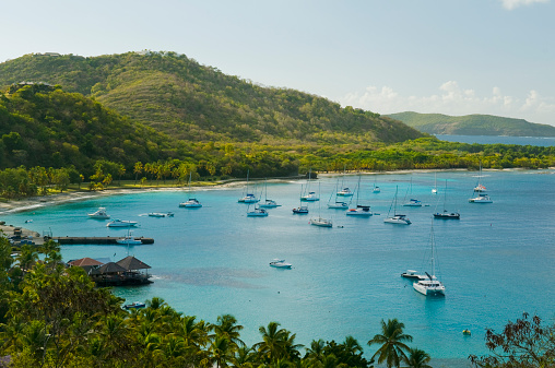 Aerial view of Britannia Bay, Mustique. Plenty of small yachts on blue water, green hills and blue sky in the background. Horizontal shot.