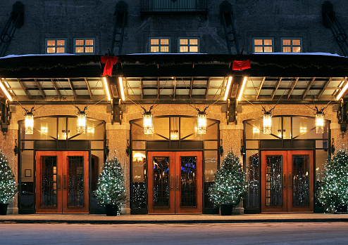 Entrance door at dawn on a luxury hotel or department store in holiday seasons