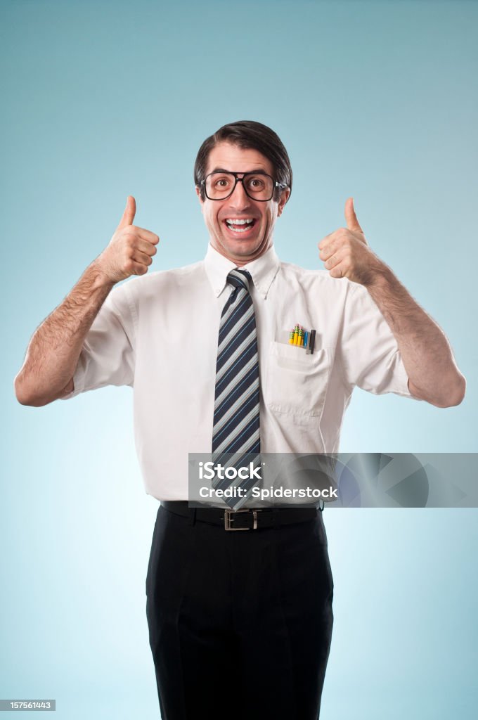 Nerdy Office Worker Nerdy office worker in short sleeved shirt and pocket protector giving thumbs up. Pen Stock Photo