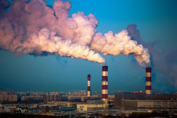Captured during the golden hours of a winter day, this image showcases city smokestacks releasing steam into the crisp, cold air. The warm tones of the setting sun highlight the beauty of the industrial skyline against the frosty backdrop.